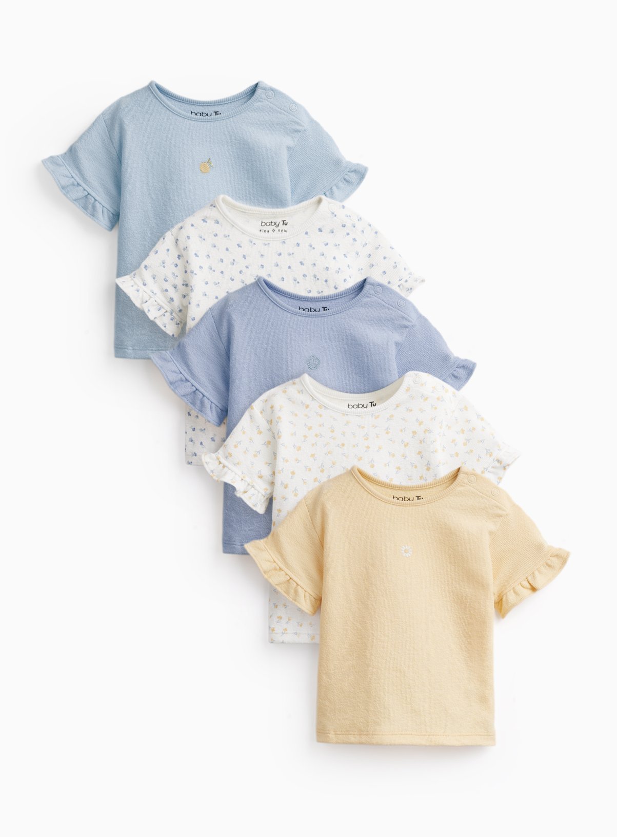 Blue & Floral Print Frill Sleeve T-Shirts 5 Pack Up to 3 mths - Image 1 thumbnail